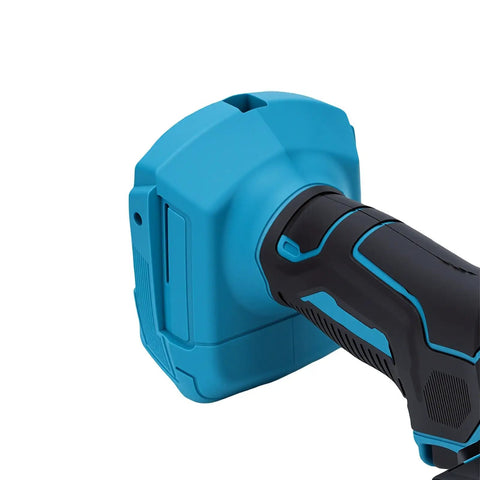 Close-up of Two In One Cordless Circular Saw That Morphs Into An Angle Grinder with ergonomic handle and blue casing.