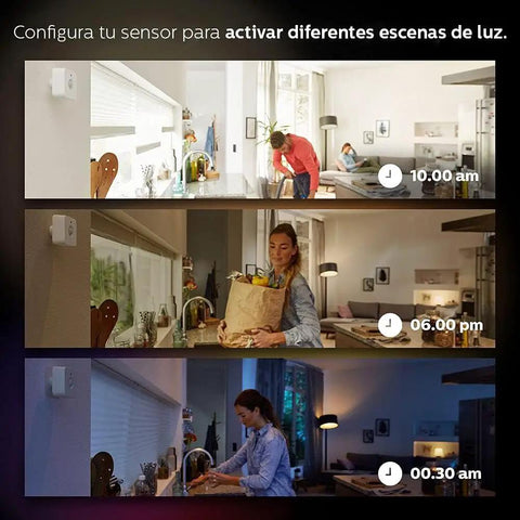 Motion Sensor Bundle With Two White A19 LED Bulbs For Smart Home Lighting Hands Free Activation in various room settings