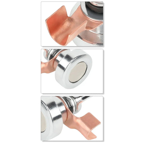 Heavy Duty Magnetic Welding Ground Clamp With Super Strong Hold For Metal Fabrication And Shop Repairs close-up view showing copper and steel components.