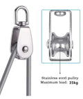 8 Pack Stainless Steel Pulley Block Wheels For Outdoor Use, 360 Degree Rotating Single Pulleys, M15 Size Small Rollers, Heavy Duty Rope Cable System Components For DIY Projects, Camping Gear, And Tackle Shops, with steel cable and 35kg load