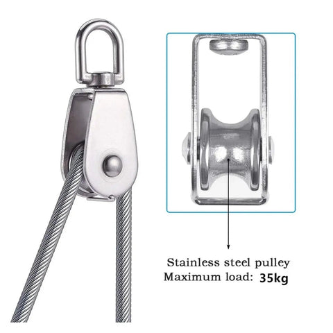 8 Pack Stainless Steel Pulley Block Wheels For Outdoor Use, 360 Degree Rotating Single Pulleys, M15 Size Small Rollers, Heavy Duty Rope Cable System Components For DIY Projects, Camping Gear, And Tackle Shops, with steel cable and 35kg load
