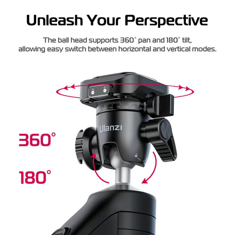 One-Click Opening Vlogging Tripod With Quick-Release System showing 360° pan and 180° tilt capabilities.