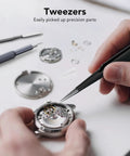 Using tweezers from Grab And Go 50 In 1 Precision Screwdriver Set With Security Torx And Magnetic Mini Repair Kit to assemble a watch.