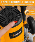 Compact Palm Router With 4.8 Amp 580W Power, Fixed Base, showing 6-speed control function being adjusted.