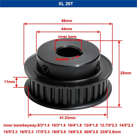 Top Shelf XL Timing Belt Pulley Wheel Featuring 25 Or 26 Teeth In Heavy Duty Black Steel Bf Build with dimensions for precise installation.