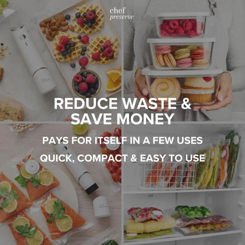 Compact Vacuum Sealer Kit with Glass Storage Containers and 30 Reusable Bags in various food prep settings