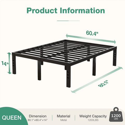 Queen Size Metal Platform Bed Frame With Under Bed Storage Heavy Duty Steel Slat Support 80.1x60.4x14 inches dimensions