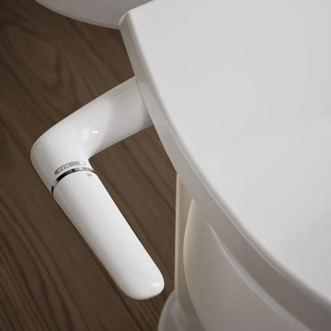 No Fuss Easy Install Bidet Toilet Seat M250 with manual adjustable spray handle on white elongated seat, wood floor background.