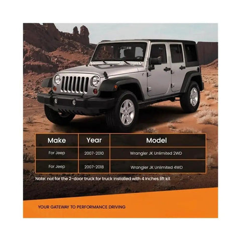 Jeep Wrangler JK 2007 to 2018 with Adjustable Control Arms Kit for 0 to 6 inch lift displaying on desert terrain