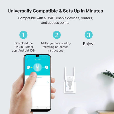 Smartphone app setup for AX3000 WiFi 6 Range Extender For Home Setup, Dual Band Repeater With Ethernet Port, wall placement shown
