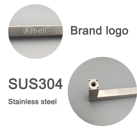 Brand logo and SUS304 marking on Champagne Oval Flat Cabinet Handles Set In Stainless Steel for modern kitchen cabinets.