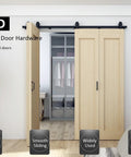 Four Door Bi-Fold Sliding Barn Door Hardware Kit in Rustic Black for Up to 80 Inch Wide Doors installed in room entryway