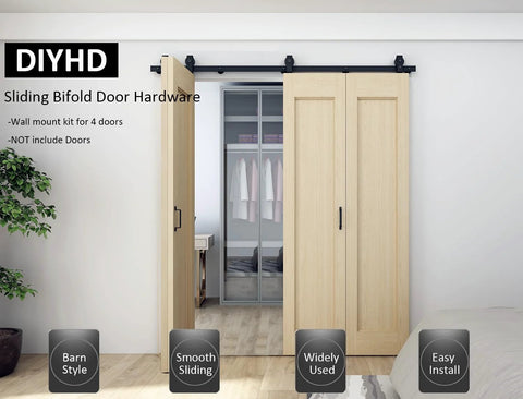Four Door Bi-Fold Sliding Barn Door Hardware Kit in Rustic Black for Up to 80 Inch Wide Doors installed in room entryway