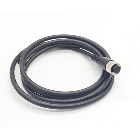 M12 12 Pin Female Connector Cable A Code, straight aviation plug, black PVC, industrial use, brass gold plated contacts, 0.5 meter.