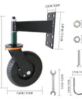 Heavy Duty 8 Inch Gate Wheels Rock Solid 360 Swivel Casters Built Tough Spring Loaded Suspension Rust Proof Fence Rollers 800 Lbs Capacity For Wood Or Steel Pipe Yard Gates Runs Smooth As Butter with measurements and assembly components.