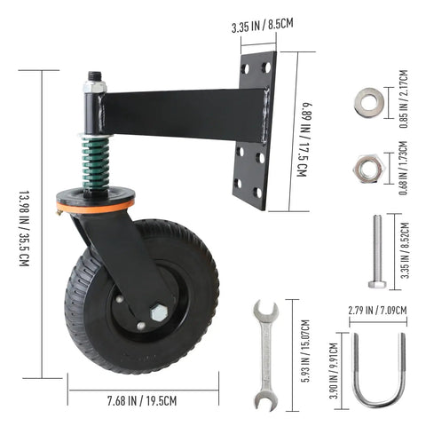 Heavy Duty 8 Inch Gate Wheels Rock Solid 360 Swivel Casters Built Tough Spring Loaded Suspension Rust Proof Fence Rollers 800 Lbs Capacity For Wood Or Steel Pipe Yard Gates Runs Smooth As Butter with measurements and assembly components.