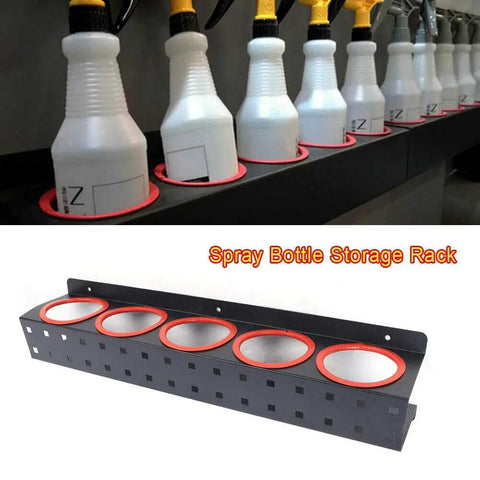 Heavy Duty Wall Mounted Spray Bottle Holder Hella Strong Steel Storage Rack For Garage Cleaning Supplies And Detailing Tools, five bottle slots