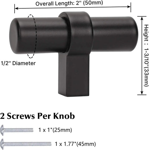 Matte Black Cabinet Knobs 25 Pack Stainless Steel T Bar Drawer Pulls For Cabinets Dresser And Closet Two Size Set dimensions diagram