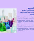 Colorful flasks with hexane solvent for industrial use, high purity petroleum ether, lab ready for oil extraction and botanical processing.