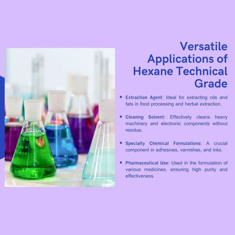 Colorful flasks with hexane solvent for industrial use, high purity petroleum ether, lab ready for oil extraction and botanical processing.