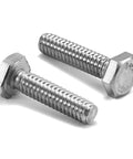 Close-up of two pieces from One Quarter Inch Hex Head Screw Bolt Pack Of Twenty In 304 Stainless Steel Fully Threaded With Plain Finish Twenty Threads Per Inch Tough As Nails Durability For Wood And Metal Projects.