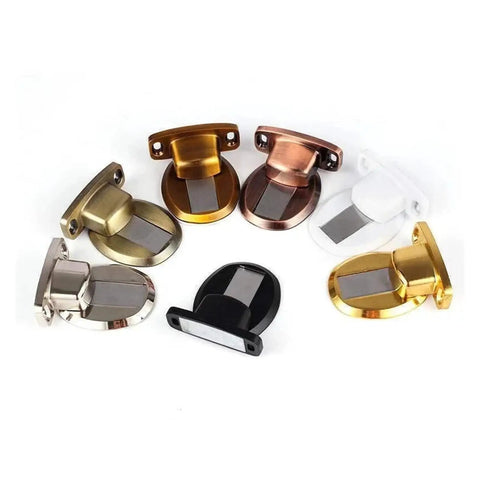 Gold Invisible Magnetic Door Stopper With Wall Or Floor Mount Catch, shown in various colors, stainless steel construction, stylish design.