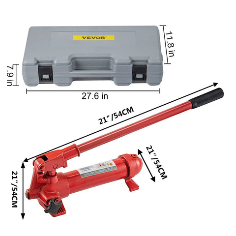 6 Ton Porta Power Kit With 1.2m Oil Hose Hydraulic Jack Ram for auto body repair, shown with dimensions and carry case.