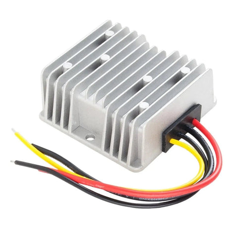 Heavy Duty DC Step Down Converter Drops 48V To 13.8V With Rock Solid Fifteen Amp Output, aluminum chassis, wiring visible.