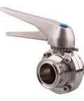 Side view of 1.5-inch stainless steel tri-clamp clover butterfly valve with blue trigger handle.