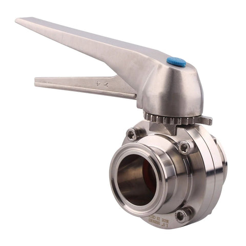 Side view of 1.5-inch stainless steel tri-clamp clover butterfly valve with blue trigger handle.