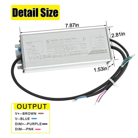Beefy 150W Waterproof IP67 LED Driver Power Supply For 22-56V DC LED Lights, Wide 100-277V AC Input, Auto Recovery Overload And Over Temperature Protection, Ideal For Outdoor Canopy And Landscape Lighting