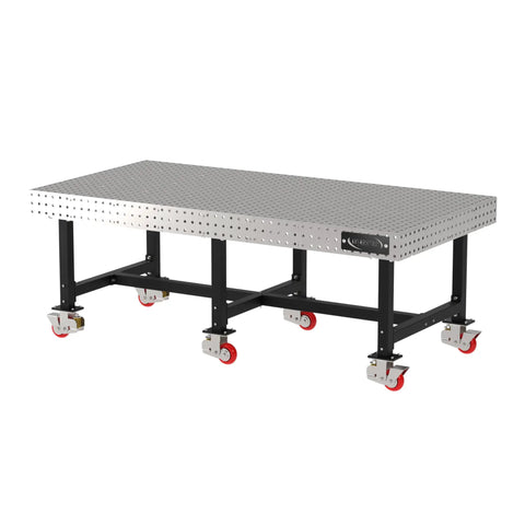 Industrial Grade Welding Fixture Table With Rolling Locking Casters For Pro Mechanics And Fabricators Laser Cut Precision Grid Pattern 96 By 48 By 36 Inches side view on casters.