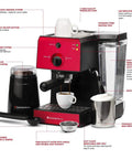 Badass 15 Bar Espresso Machine And Cappuccino Maker With Slick Milk Steamer And Hella Easy 7 Piece Barista Bundle Featuring Quick Grinder And Dual Cups For No Sweat Latte Prep And Knockout Drink Quality Daily In Blue showing features and components.