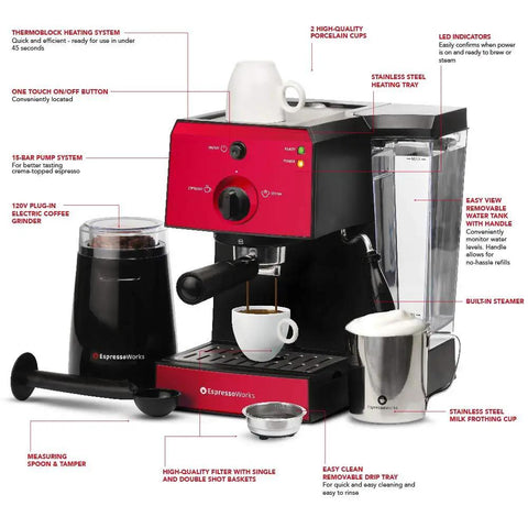 Badass 15 Bar Espresso Machine And Cappuccino Maker With Slick Milk Steamer And Hella Easy 7 Piece Barista Bundle Featuring Quick Grinder And Dual Cups For No Sweat Latte Prep And Knockout Drink Quality Daily In Blue showing features and components.
