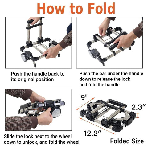 Diagram showing steps to fold the Foldable Luggage Cart With Two Wheels Lightweight Portable Travel Dolly for easy storage.