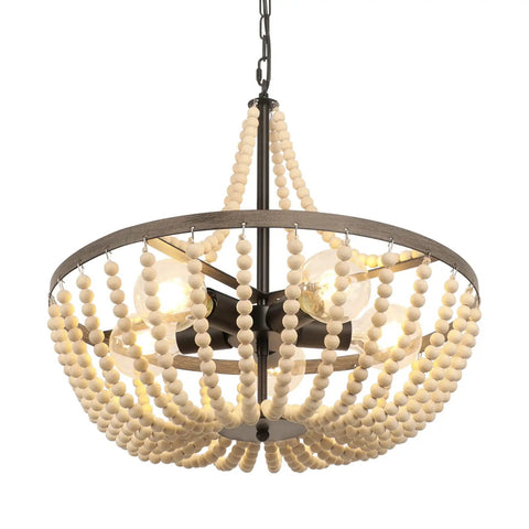 Boho Wood Bead Chandelier With Five Lights And 20 Inch Diameter, Rustic Farmhouse Ceiling Pendant with beads and adjustable chain