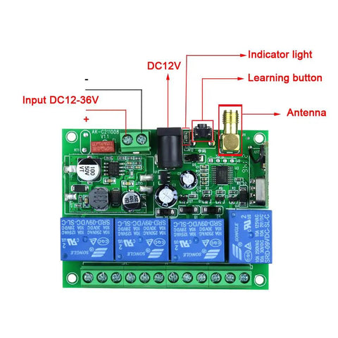 Four Channel Wireless Remote Control Switch Kit 433MHz 12V 24V 36V 10A Receiver With Two Transmitters For Garage Doors Motors Industrial Equipment And Home Automation Simple Install Wide Voltage Range Durable Build receiver board with antenna and 4 relays