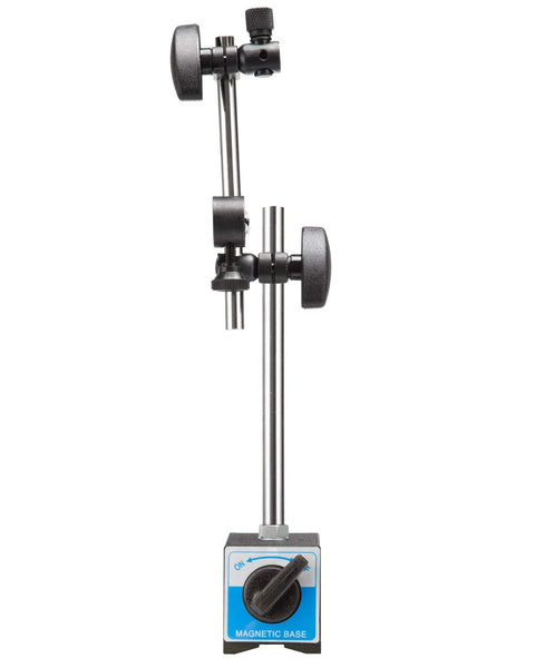Dial indicator with magnetic base stand and adjustable dual-rod support, mounting knob