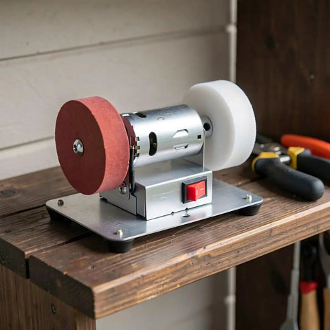 Knockout Bench Top Electric Grinding Machine With Rock Solid Anti Slip Base For Smooth Metal Polishing And Heavy Duty Rust Removal Precision Edge Control Tool on a wooden shelf.