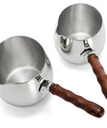 Two Size Turkish Coffee Pot And Milk Warmer Set In 13.5 Oz And 20 Oz, 18 By 8 Stainless Steel With Wooden Handle, side view.
