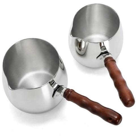 Two Size Turkish Coffee Pot And Milk Warmer Set In 13.5 Oz And 20 Oz, 18 By 8 Stainless Steel With Wooden Handle, side view.