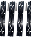 Rugged Black Stainless Steel Piano Hinges Six Inch Continuous Door Strips With Pre Drilled Mounting Slots For Rock Solid Cabinet Upgrades And Easy Diy Builds Including Twenty Four Heavy Duty Screws For Hassle Free Quick Installations, featuring four metal strips and screws.