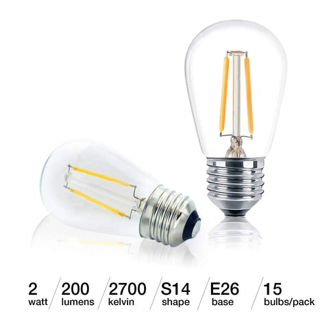 Ambience PRO Replacement LED Bulbs For Outdoor String Lights, 2 Watt Vintage Edison LEDs, E26 base, two bulbs close-up