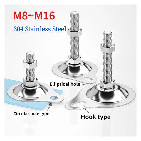 Heavy Duty Adjustable Leveling Feet Cups Engineered With M8 Through M16 Threads From Top Tier 304 Stainless Steel, showing circular and hook types.