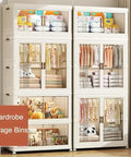 Portable Foldable Wardrobe Closet Organizer sturdy fabric cabinet with multiple layers for organized clothing in living room.