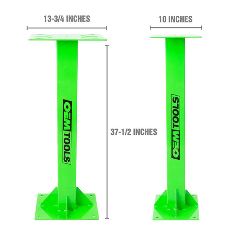 Green Beefy Heavy Duty Bench Grinder Stand With Vise And Drill Press Mount, Steel Base, 37.4 in high, labeled 'OEM Tools'