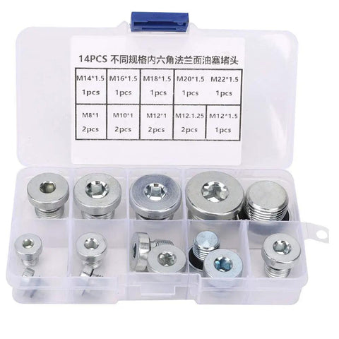 Ultimate FTVOGUE 14 Piece Oil Pan Drain Plug Set With Assorted Hex Socket Sizes Made From Tough Carbon Steel For Garage And Workshop DIY Repairs in storage case