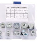 Ultimate 14 Pcs Oil Pan Drain Plug Set With Hex Socket Flange Nuts And M8 To M22 Bolts For Cars, Trucks And Machinery That Fit Like A Charm And Save Your Gears. 14-piece steel metric drain plug set in plastic case, M8 to M22