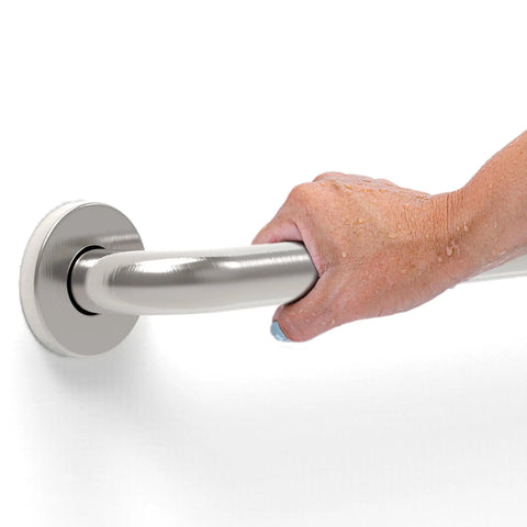 A hand holding Two Pack Stainless Steel Bath Safety Grab Bars One And A Quarter Inch By Twelve Inch ADA Compliant Heavy Duty 500 Pound Support Oil Rubbed Bronze For Bathroom Shower Tub And Home Safety.