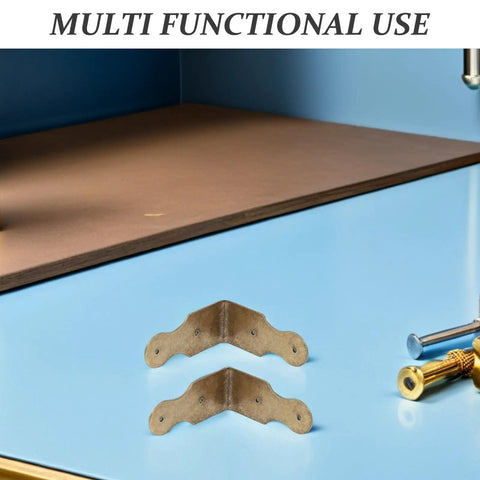 Six Pack L Shaped Brass Corner Protectors For Jewelry Boxes And Gift Boxes Dope Vintage Golden Edge Guards on a blue surface